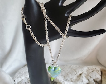 OOAK Green Lampwork Heart Necklace – Handmade Glass Heart Pendant Gift