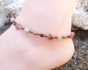 Pink Beaded Anklet, Beach Ankle Bracelet, Pink Boho Anklet, Summer Beaded Anklet, Beaded Ankle Bracelets, Pink Anklets, Flower Anklets