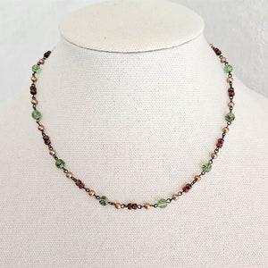 Green Beaded Choker Necklace, Czech Beaded Necklace, Rustic Beaded Necklace, Green & Red, Beaded Boho Choker, Czech Bead Chain, Gift For Her