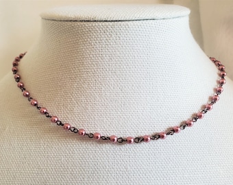Pink Small Pearl Necklace: Czech Glass Pearl Choker Using Dusty Rose Beads