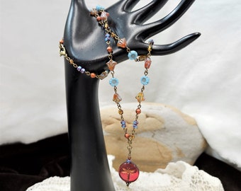 Dragonfly Necklace, Czech Beaded Flower Necklace, Red Dragonfly Necklace, Flower Bead Chain Necklace, Unique Gift For Her, Dragonfly Beads