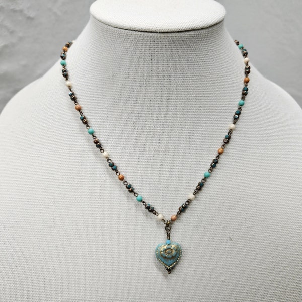 Aqua Heart Necklace, Czech Beaded Necklace, Blue Heart Pendant Necklace, Bead And Chain Heart Necklace, Unique Gift For Her, Heart Jewelry