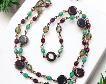 Artisan Czech Glass Long Chain Necklace | Red & Green with Turquoise | Beaded Choker
