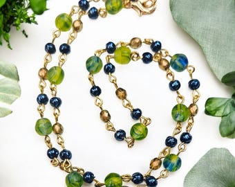 Colorful Green Beaded Choker with Blue Baroque Pearl: Simple Everyday Necklace, 30 Inch Necklace