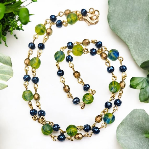 Colorful Green Beaded Choker with Blue Baroque Pearl: Simple Everyday Necklace, 30 Inch Necklace