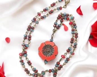 Red Coral Hibiscus Necklace | Czech  Glass Flower Pendant | Beaded Choker or Long Chain Necklace
