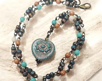 Turquoise Pendant | Colorful Czech Glass Heart Flower Necklace | Short Choker or Long Boho Style