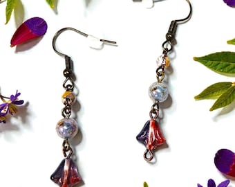 Red Flower Dangle Earrings | Long Boho Style | Red & Blue Glass Beads
