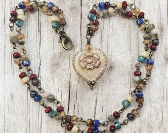 Heart Glass Flower Pendant: Colorful Necklace, Long Boho Necklace, Gifts For BF