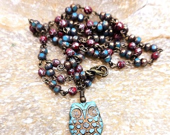 Green Owl Necklace, Unique Owl Jewelry Gift for Owl Lovers, Czech Bead Necklace, Turquoise Boho Hippie Bird Necklace, Handmade Gifts for Her