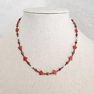 Red Flower Necklace, Flower Choker Necklace, 16 Inch Beaded Necklace, Czech Bead Necklace, Spring Beaded Necklace, Boho Flower Bead Necklace