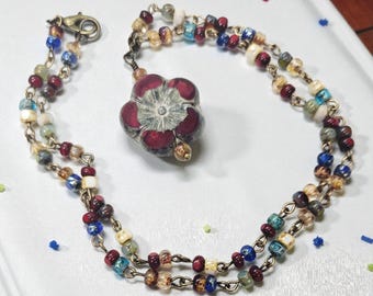Red Czech Hibiscus Flower Necklace – Handmade Beaded Pendant Jewelry