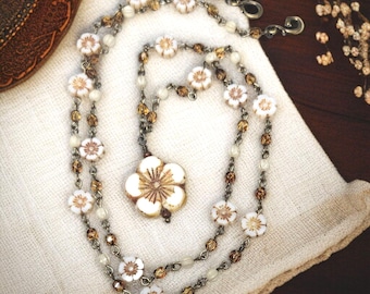 White Hibiscus Flower Pendant Necklace; Handmade Czech Glass Floral Jewelry Beaded Chain