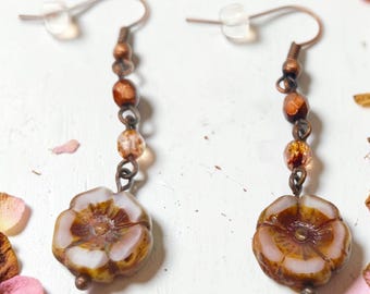 Pink Hibiscus Flower Earrings;  Boho Style Czech Glass Earrings, Cottagecore Jewelry