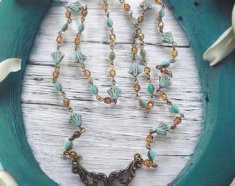 Turquoise Glass Flower Necklace | Bronze Filigree Pendant| Handmade Czech Glass Jewelry