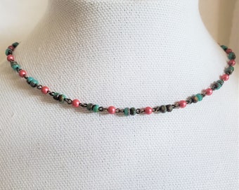 Aqua & Fuchsia Czech Glass Small Beaded Choker Necklace