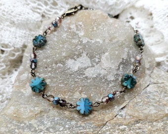 Aqua Blue Czech Glass Flower Bracelet: Boho Beaded Jewelry