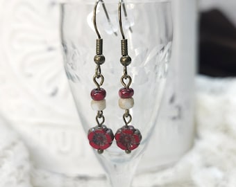 Red Hibiscus Flower Earrings | Czech Glass Earrings (1 5/8 inches)