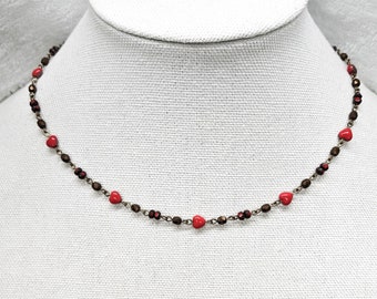 Red Heart Beaded Necklace, Czech Beaded Necklac, Minimalist Red Heart Necklace, Red & Bronze, Boho Beaded, Small Red Heart, Czech Bead Heart