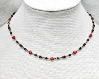 Small Beaded Red Heart Choker Necklace: Hand Made Delicate Necklace