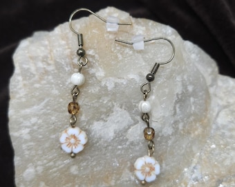 White Hibiscus Flower Earrings | Czech Glass Dangle, Boho Style Jewelry