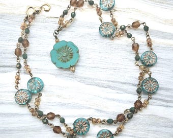Aqua Hibiscus Flower Pendant; Handmade Bronze & Green Czech Bead Chain Necklace