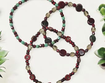 Set of 3 Red Green Boho Bracelets | Colorful Czech Glass Stretch Bracelet 6.5-8 Inch