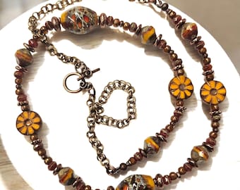 Orange Flower Lampwork Bead Necklace – Czech Glass Sunflower - Artisan Necklace