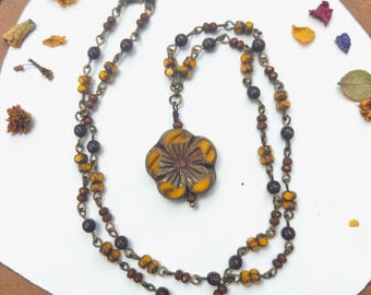 Orange Hibiscus Necklace | Czech  Glass Flower Pendant | Beaded Choker or Long Chain Necklace