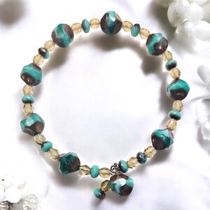 Elegant Czech Glass Aquamarine Bracelet | Single Wrap Memory Wire, Bronze Details