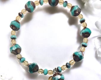 Elegant Czech Glass Aquamarine Bracelet | Single Wrap Memory Wire, Bronze Details