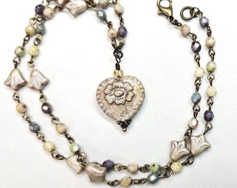 Handcrafted Czech Glass Flower Heart Pendant Necklace: Pastel Beaded Chain, Bronze Clasp