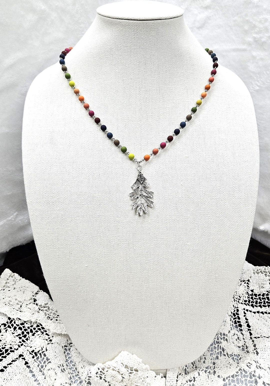 Multi Color Necklace, Silver Leaf Pendant, Rainbow Color Necklace