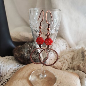 Boho Red Flower Earrings, Red Czech Bead Earrings, Red Czech Bead Jewelry, Red Flower Earrings, Red Boho Handmade Earrings, Red Flower Gifts