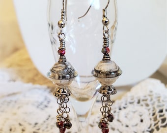 Unique Black & White Lampwork Earrings with Red Accents - Unique Art Deco