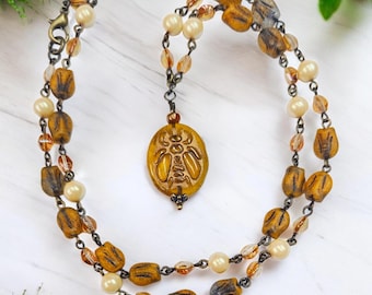 Gold Bee Necklace Pendant on Beaded Tulip Necklace Chain, Cottagecore Jewelry Gifts