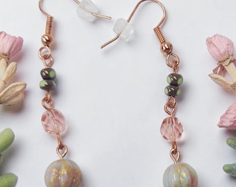 Rose Gold Pink Dangle Earrings, Boho Style Czech Glass Earrings