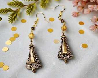 Gold Czech Glass Bead Dangle Earrings – Boho Filigree Charm Jewelry