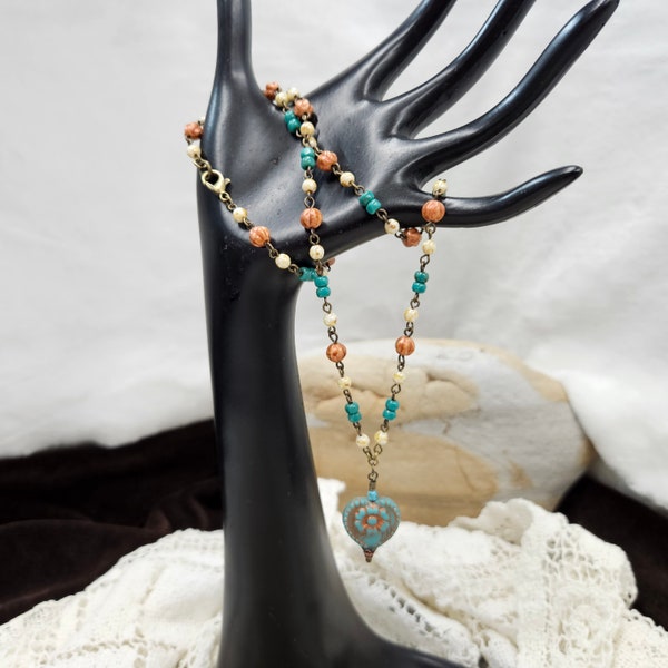 Czech Beaded Necklace, Aqua Heart Necklace, Copper Heart Pendant Necklace, Bead And Chain Heart Necklace, Unique Gift For Her, Heart Jewelry