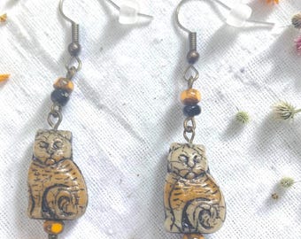 Black & Orange Cat Earrings | Czech Glass Pet Jewelry | Pet Lover Gifts