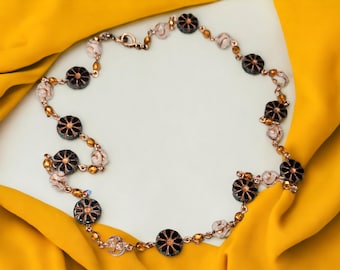 Black Flower Necklace, Black & Copper Necklace, Glass Bead Necklace, Czech Beaded Necklace, Sunflower Necklace, Flower Beaded Necklace, Gift
