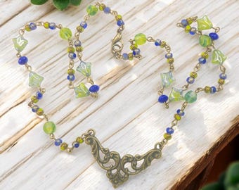 Green Glass Flower Necklace | Bronze Filigree Pendant| Handmade Czech Glass Jewelry
