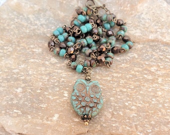 Turquoise Owl Pendant: Hand Made Bird Necklace, Owl Gifts for BF