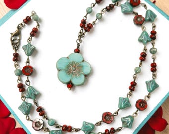 Turquoise Hibiscus Necklace | Czech Glass Flower Pendant | Colorful Floral Necklace