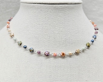 Pastel Star Beaded Necklace, Silver Bronze or Gold Dainty Choker, Czech Glass Summer Jewelry