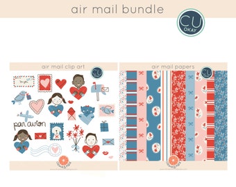 Valentines Day Air Mail Digital Clipart and Papers - Hand-Drawn Digital Illustrations- Commercial Use Royalty Free - Air Mail Kit