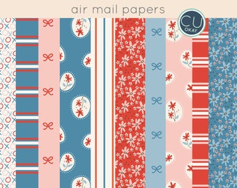 Valentines Day Air Mail Digital Papers - JPEG files - Hand-Drawn Digital Illustrations- Commercial Use Royalty Free - instant download