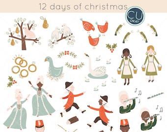 Twelve 12 Days of Christmas Clip Art Graphics- Hand-Drawn Digital Illustrations- Commercial Use - instant download