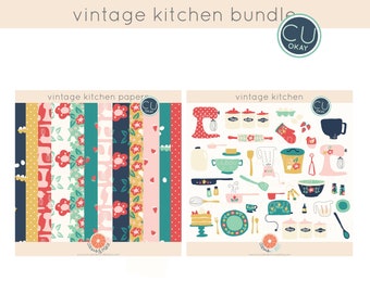 Vintage Kitchen Bakery Clip Art and Patterns- Hand-Drawn Digital Illustrations- Commercial Use Royalty Free - instant download