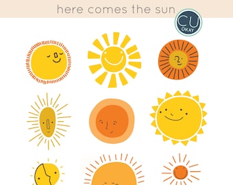 Sun Sunshine Clip Art Graphics- Hand-Drawn Digital Illustrations- Commercial Use Royalty Free - instant download